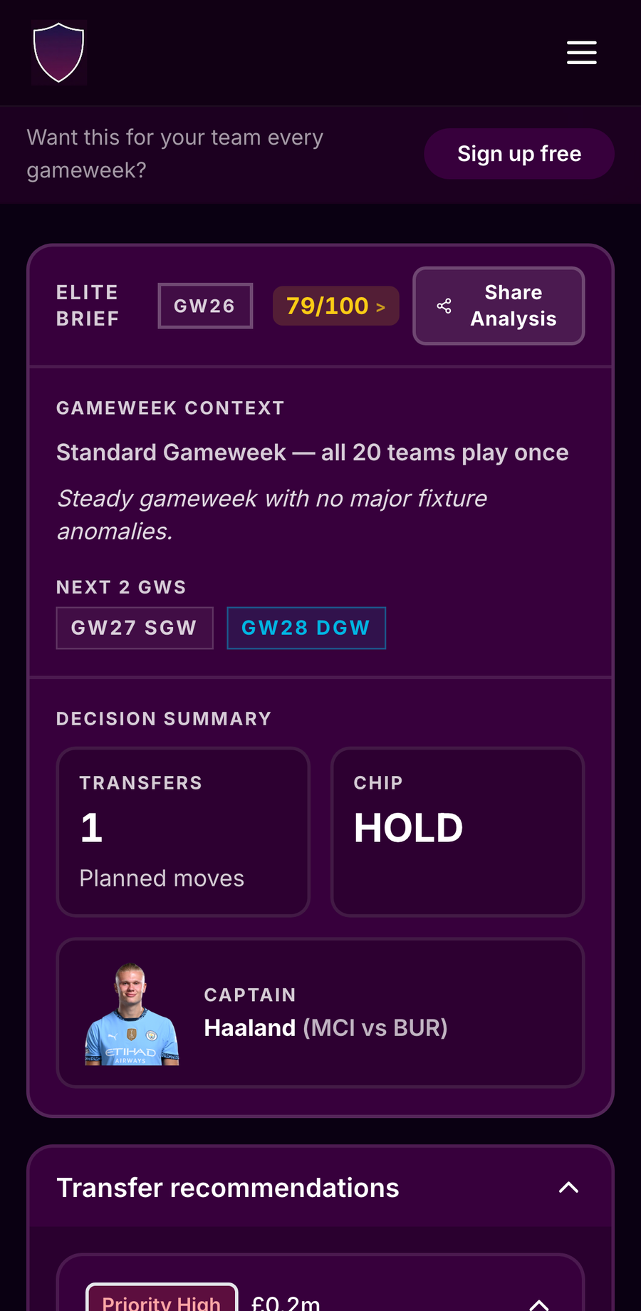 FPLai analyzer report with transfer priority, captain recommendation, and decision summary